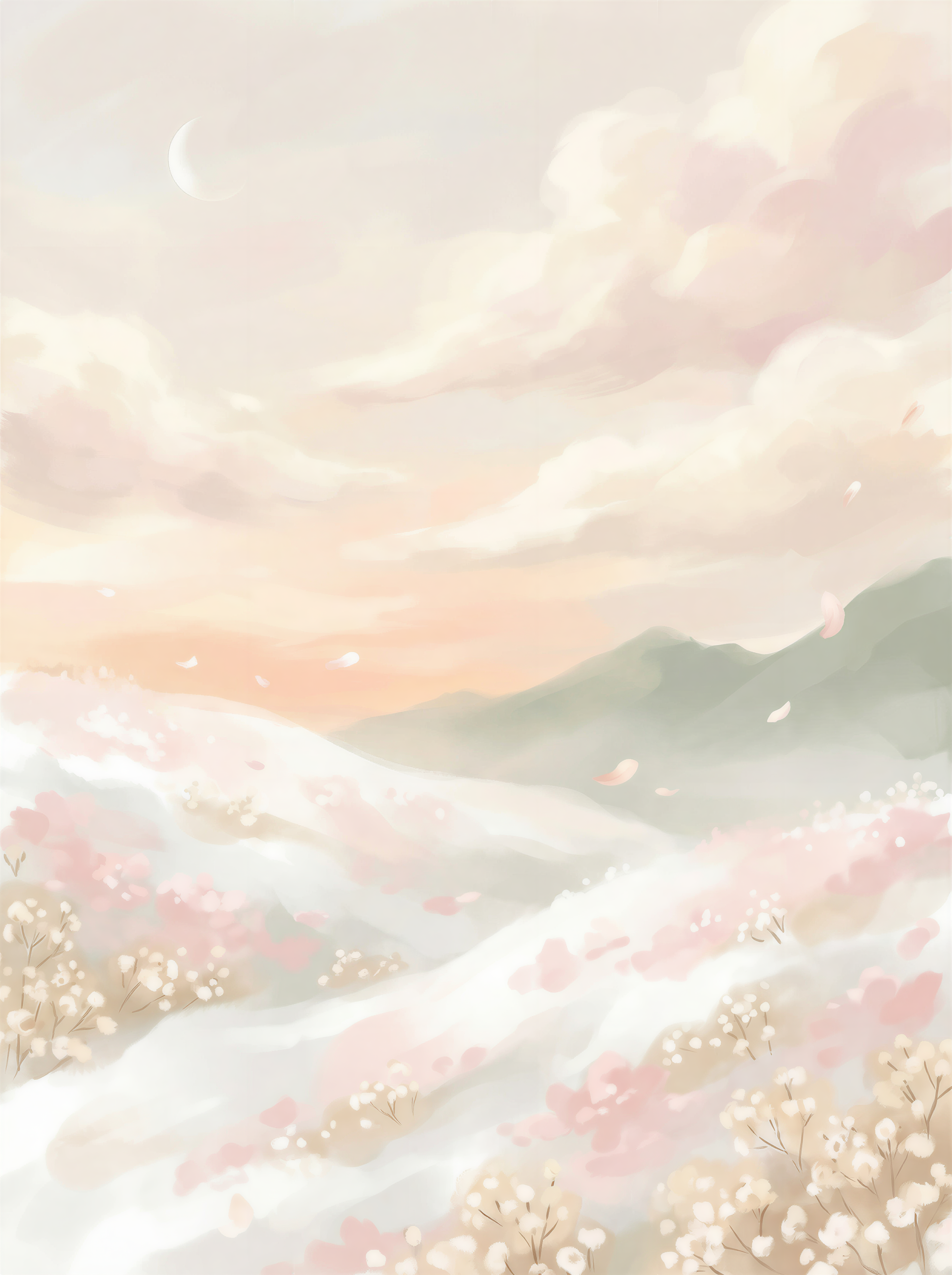 senvielab mood — dreamy painterly landscape at dawn with rolling hills of baby's breath and cherry blossoms under a soft pastel sky